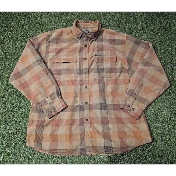 Legendary Whitetails Flannel Seersucker Mens Sz XL Plaid Orange Brown Bitton Up - Picture 1 of 6